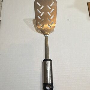 Vintage Hoffritz Stainless Steel Slotted Spatula Hanging Hole Silver Black